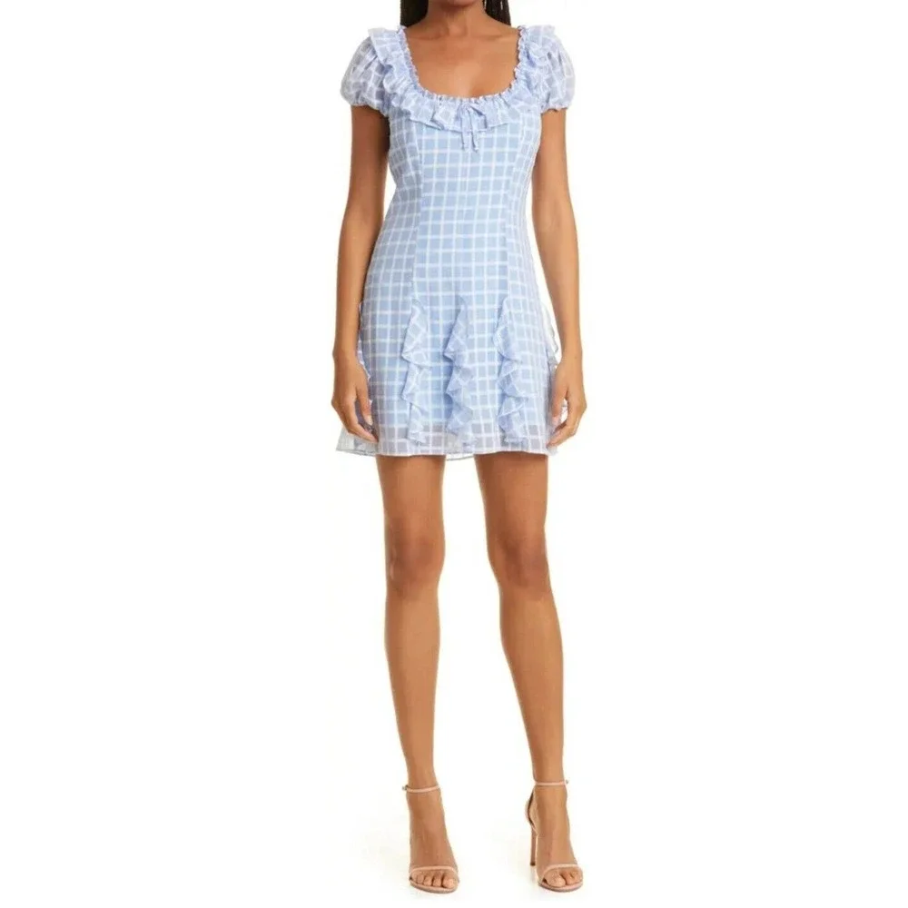 Likely Lula Ruffle Dress In Blue Plaid Women's Size 6 Boho Chic
